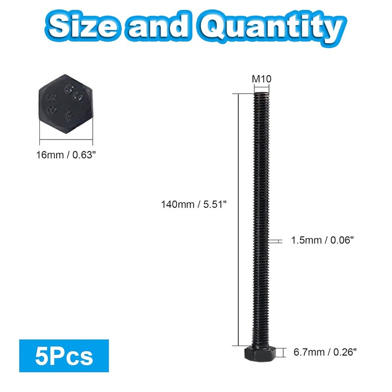 Yinpecly M10 Hex Bolts, M10-1.5 x 140mm Hex Head Bolts, Carbon Steel Grade 8.8, Black Oxide Finish, Full Thread,Metric Hexagon Head Bolts Right Hand External Hex Drive, 5 PCS - Image 2